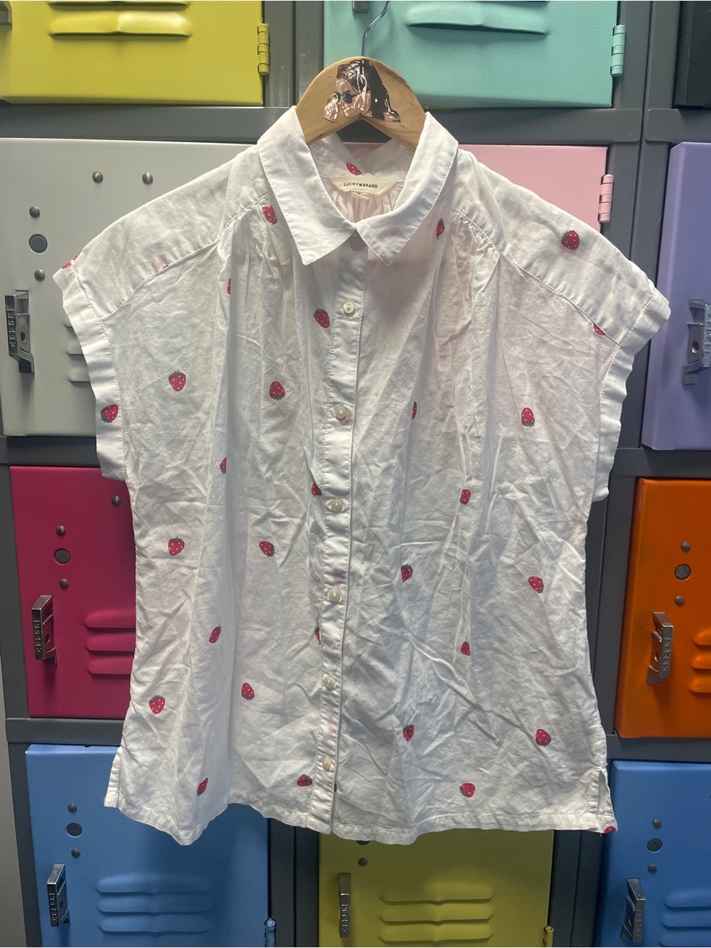 Lucky Brand White Button-Up Shirt with Red Strawberry Print